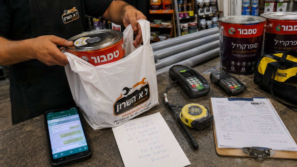 הזמנה בטלפון ווואטסאפ — אריזת דלי טמבור לפי רשימה, שיחה בוואטסאפ וחשבונית בדלפק ל.י.א השרון הזמנה בטלפון ווואטסאפ — אריזת דלי טמבור לפי רשימה, שיחה בוואטסאפ וחשבונית בדלפק ל.י.א השרון